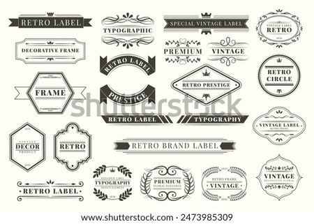 Ornament frame, logo set. Label element, flourish design. Ribbon elegant shape, banner decoration. Retro classic ornate text, luxury old sign. Elegant filigree calligraphy forms. Vector garish graphic