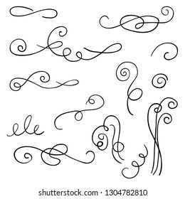 Ornament frames and scroll swirls element.  Calligraphic wedding curl and swirly line.  For calligraphy graphic design, postcard, menu, wedding invitation, romantic style. Vector illustration.