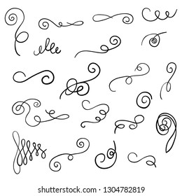 Ornament frames and scroll swirls element.  Calligraphic wedding curl and swirly line.  For calligraphy graphic design, postcard, menu, wedding invitation, romantic style. Vector illustration.