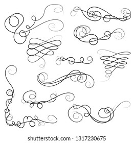 Ornament frames and scroll swirls element. Calligraphic wedding curl and swirly line. For calligraphy graphic design, postcard, menu, wedding invitation, romantic style. Vector illustration.