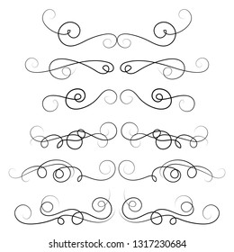 Ornament frames and scroll swirls element. Calligraphic wedding curl and swirly line. For calligraphy graphic design, postcard, menu, wedding invitation, romantic style. Vector illustration.