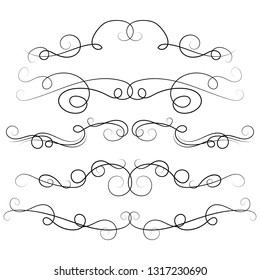 Ornament frames and scroll swirls element. Calligraphic wedding curl and swirly line. For calligraphy graphic design, postcard, menu, wedding invitation, romantic style. Vector illustration.
