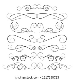 Ornament frames and scroll swirls element. Calligraphic wedding curl and swirly line. For calligraphy graphic design, postcard, menu, wedding invitation, romantic style. Vector illustration.