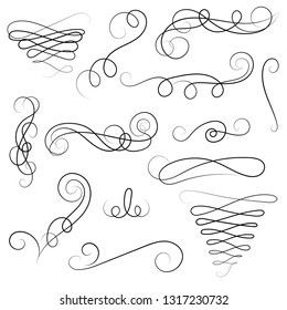 Ornament frames and scroll swirls element. Calligraphic wedding curl and swirly line. For calligraphy graphic design, postcard, menu, wedding invitation, romantic style. Vector illustration.