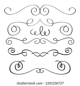 Ornament frames and scroll swirls element. Calligraphic wedding curl and swirly line. For calligraphy graphic design, postcard, menu, wedding invitation, romantic style. Vector illustration. 