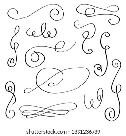 Ornament frames and scroll swirls element. Calligraphic wedding curl and swirly line. For calligraphy graphic design, postcard, menu, wedding invitation, romantic style. Vector illustration. 