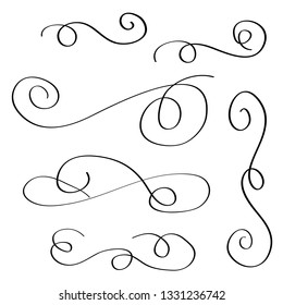 Ornament frames and scroll swirls element. Calligraphic wedding curl and swirly line. For calligraphy graphic design, postcard, menu, wedding invitation, romantic style. Vector illustration. 