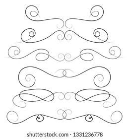 Ornament frames and scroll swirls element. Calligraphic wedding curl and swirly line. For calligraphy graphic design, postcard, menu, wedding invitation, romantic style. Vector illustration. 