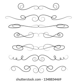 Ornament frames and scroll swirls element. Calligraphic wedding curl and swirly line. For calligraphy graphic design, postcard, menu, wedding invitation, romantic style. Vector illustration.