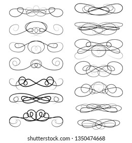 Ornament frames and scroll swirls element. Calligraphic wedding curl and swirly line. For calligraphy graphic design, postcard, menu, wedding invitation, romantic style. Vector illustration.