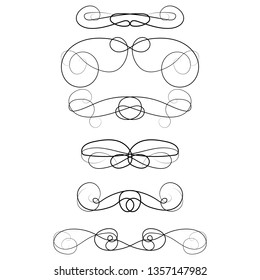 Ornament frames and scroll swirls element. Calligraphic wedding curl and swirly line. For calligraphy graphic design, postcard, menu, wedding invitation, romantic style. Vector illustration. 