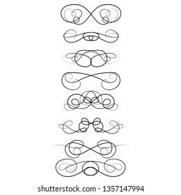 Ornament frames and scroll swirls element. Calligraphic wedding curl and swirly line. For calligraphy graphic design, postcard, menu, wedding invitation, romantic style. Vector illustration. 