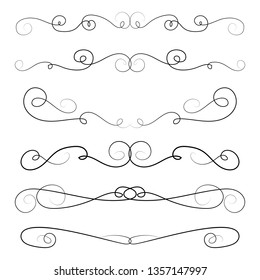 Ornament frames and scroll swirls element. Calligraphic wedding curl and swirly line. For calligraphy graphic design, postcard, menu, wedding invitation, romantic style. Vector illustration. 