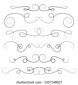 Ornament frames and scroll swirls element. Calligraphic wedding curl and swirly line. For calligraphy graphic design, postcard, menu, wedding invitation, romantic style. Vector illustration. 