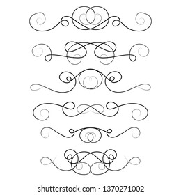 Ornament frames and scroll swirls element. Calligraphic wedding curl and swirly line. For calligraphy graphic design, postcard, menu, wedding invitation, romantic style. Vector illustration.