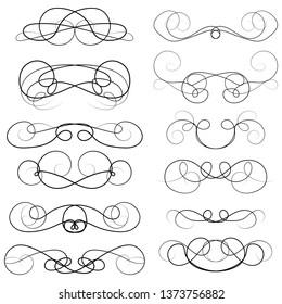 Ornament frames and scroll swirls element. Calligraphic wedding curl and swirly line. For calligraphy graphic design, postcard, menu, wedding invitation, romantic style. Vector illustration.