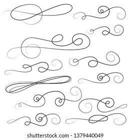 Ornament frames and scroll swirls element. Calligraphic wedding curl and swirly line. For calligraphy graphic design, postcard, menu, wedding invitation, romantic style. Vector illustration. 
