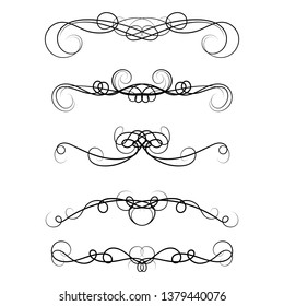 Ornament frames and scroll swirls element. Calligraphic wedding curl and swirly line. For calligraphy graphic design, postcard, menu, wedding invitation, romantic style. Vector illustration. 
