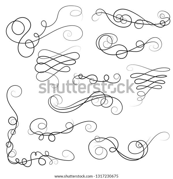 Ornament frames and scroll swirls element.\
Calligraphic wedding curl and swirly line. For calligraphy graphic\
design, postcard, menu, wedding invitation, romantic style. Vector\
illustration.
