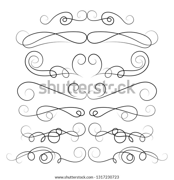Ornament frames and scroll swirls element.
Calligraphic wedding curl and swirly line. For calligraphy graphic
design, postcard, menu, wedding invitation, romantic style. Vector
illustration.