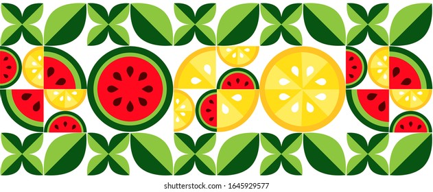 Ornament fruit pattern of slices of lemon and watermelon with leaves on a white background .Vector graphic.