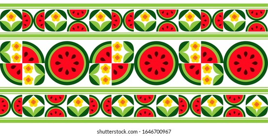 Ornament fruit pattern from slices of watermelon, with leaves and flowers on a white background .Vector graphic.