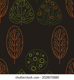 Ornament from fruit trees, sketchy lines drawn on a chocolate background. Seamless pattern.