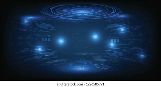 Ornament Futuristic Stage Layout Showcase With Digital Tech Architect Around.Vector Illustrations.