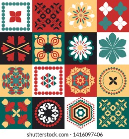 Ornament, geometric arrangement of elements, the composition of abstract flowers, red, yellow and green background, Mexican style, vector illustration
