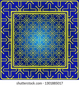 Ornament With Geometric Colorful Pattern. For Print On Fabric, Papper, Silk Neck Scarf, Kerchief Design. Vector Illustration. Yellow blue color.
