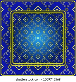 Ornament With Geometric Colorful Pattern. For Print On Fabric, Papper, Silk Neck Scarf, Kerchief Design. Vector Illustration. Yellow blue color.