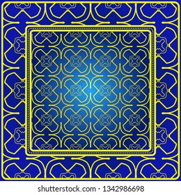 Ornament With Geometric Colorful Pattern. For Print On Fabric, Papper, Silk Neck Scarf, Kerchief Design. Vector Illustration. Yellow blue color.