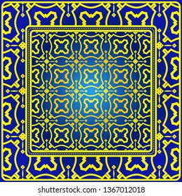 Ornament With Geometric Colorful Pattern. For Print On Fabric, Papper, Silk Neck Scarf, Kerchief Design. Vector Illustration. Yellow blue color.