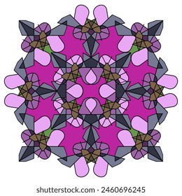 Ornament of geometric figures of butterflies in combinatorics style in purple colors, mandala on a white background 