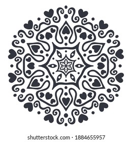 Ornament of geometric flower, circle, hearts, swirling lines and eyes. Print for the cover of the book, postcards, t-shirts, carpet.