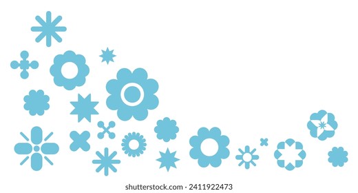 Ornament with geometric flowers. Geometric flowers banner winter blue background. Flowers symbols