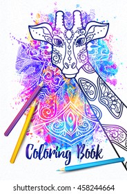 Ornament giraffe vector. Beautiful illustration for design, print clothing, stickers Adult Coloring book with giraffe. 