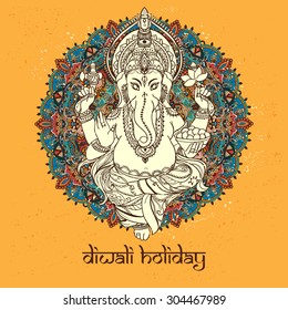 Ornament God Ganesha. Invitation cards Dawali Holiday. Perfect set for any other kind of design, birthday and other holiday, kaleidoscope,  medallion, yoga, india, arabic Ganesh Chaturthi
