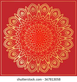 Ornament gold card with mandala. Geometric square element made in vector. Perfect  cards for any other kind of design, birthday and other holiday, kaleidoscope,  medallion, yoga, india, arabic style.
