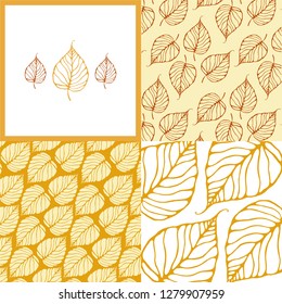 Ornament with gold leaves.Vector set of packaging design templates, seamless patterns for fabric, wrapping and textile. Abstract organic background