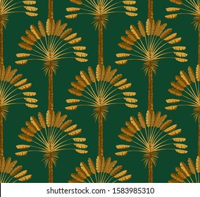 Ornament of Golden palm trees on a green background. Drawing art Deco 20s of the 20th century.