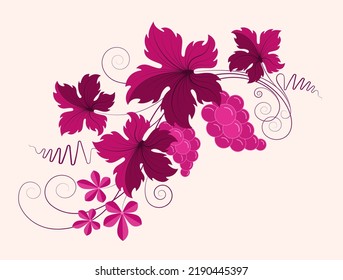 Ornament Grape Branch With Bunches Of Grapes And Leaves. Wine And Winemaking Concept Design Element. Vintage Pattern For Menus And Wine Labels. Red Wine Color Vector.