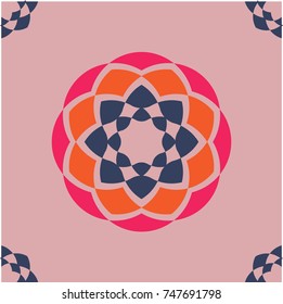 Ornament graphic pattern in orange, pink and blue seamless pattern on pale pink background. This pattern can be used for fabric, wallpaper, curtain, tile and etc.