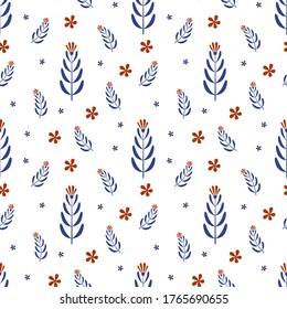 Ornament graphics for textile design. Floral seamless pattern with blue and orange details. Vector illustration.