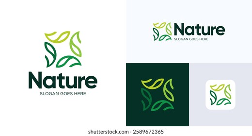 Ornament Green Nature leaves logo, Green plant or gardening logo design, Sprout leaf logotype, Agriculture vector logo concept, Ecology of environmental protection, organic icon logo, Nature farm