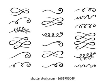 Ornament hand drawn divider collection. Vintage lines and borders. Doodle swirls and curls design elements. Vector illustration.