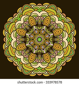 Ornament hand drawn mandala colorful on dark background. Geometric circle element. Perfect cards for any other kind of design, birthday and other holiday
