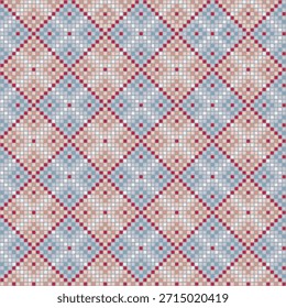 ornament from hand drawn squares. vector seamless pattern. pink, blue colors. repetitive background. modern decorative art. geometric fabric swatch. continuous embroidery template. textile design