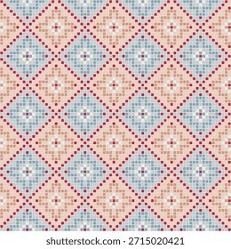 ornament of hand drawn squares. vector seamless pattern. winter repetitive background. modern decorative art. geometric fabric swatch. embroidery template. blue, pink textile design