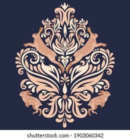 Ornament with hares  in the style of Damask on a dark blue background. 